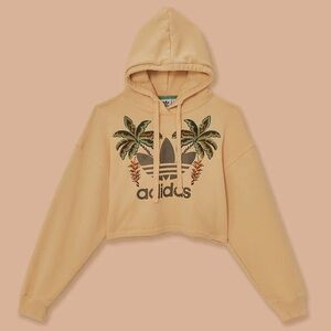 Farm Rio x Adidas Tan Cropped Hoodie Sweatshirt with Palm Tree Design NEW